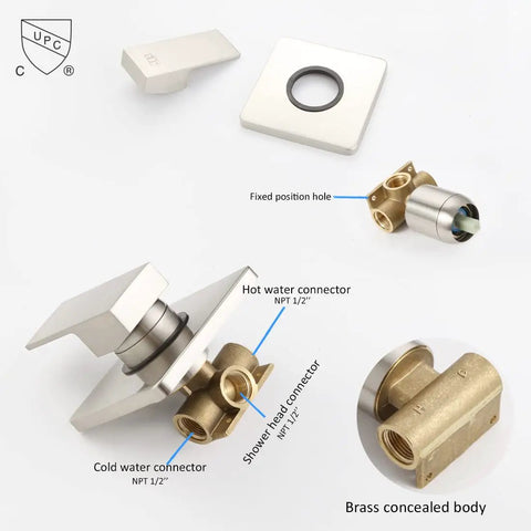 Brushed Nickel Rain Shower Head Kit With Wall Mounted Trim, Single Handle Valve, brass valve body, plumbing connectors visible