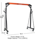 Beefy Adjustable Gantry Crane Frame For Lifting Up To 1 Ton With Locking Wheels Portable Shop Lift Hoist Rated 2,000 LB Height Up To 12 Feet Heavy Duty Steel Construction Frame Only, adjustable height and locking caster wheels visible.