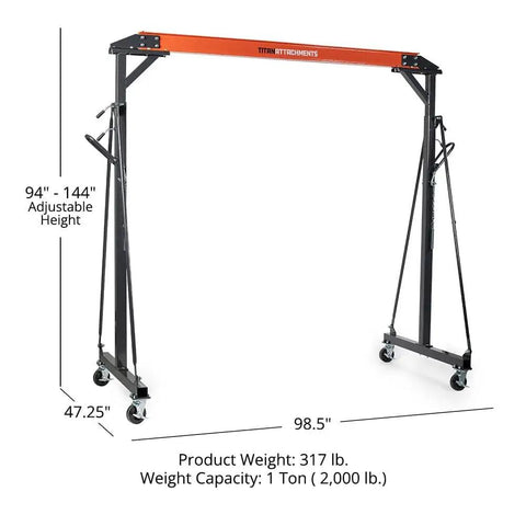 Beefy Adjustable Gantry Crane Frame For Lifting Up To 1 Ton With Locking Wheels Portable Shop Lift Hoist Rated 2,000 LB Height Up To 12 Feet Heavy Duty Steel Construction Frame Only, adjustable height and locking caster wheels visible.