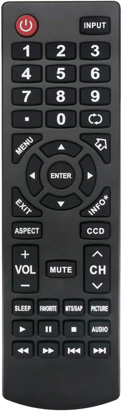 Universal Replacement Remote For Most TVs With Plug And Play Setup No Programming Required Just Drop In Fresh AAA Batteries Not Included And It Works On A Wide Range Of NS Series Models Not For Fire TV Or Roku, black remote control with buttons.