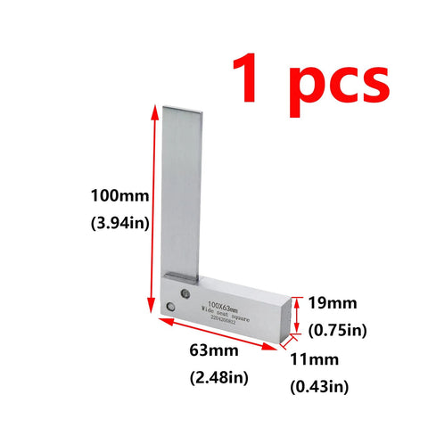 Front view of Amazon Antrader machinist square, hardened steel right-angle measuring tool; 100 mm vertical leg, 63 mm base, 1 pc