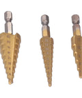 Three cobalt step drill bits with hex shanks, suited for use with the Dual Head Nibbler Cutter With Cobalt Step Drill Bits And High Speed Steel Stepped Bit Set.