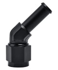 6AN Female To 3 Eighth Inch Barb Hose Fitting With Forty Five Degree Swivel For High Pressure Auto Racing Beefed Up Aluminum 6061 T6 Easy Install 1500 PSI Temperature Range Minus 65 F To 252 F, black elbow fitting