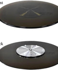 35 Inch Heavy Duty Lazy Susan Turntable Boasting Smooth Rolling Action Tempered Glass Top and aluminum base, viewed from front and back.