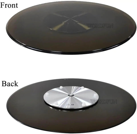 35 Inch Heavy Duty Lazy Susan Turntable Boasting Smooth Rolling Action Tempered Glass Top and aluminum base, viewed from front and back.