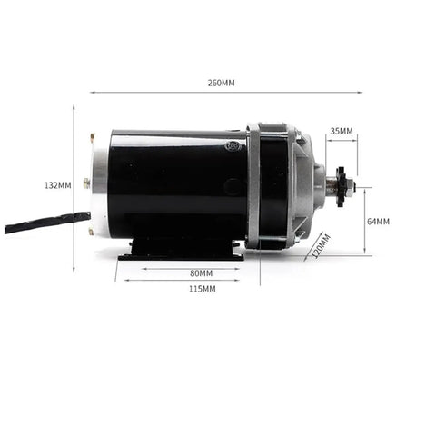 Badass 500W And 800W Brushed DC Motor Paired With A Slick Permanent Magnet Gearbox Spinning At 500RPM, showing dimensions and details.