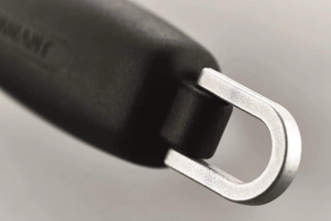 Close-up of durable brushed steel handle of 10 Inch Diamond Sharpening Steel For Knife Maintenance, Pro Grade Honing Rod For Kitchen Blades.