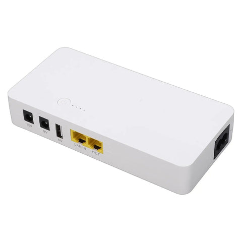Compact 8800mAh UPS Battery Backup With PoE 24V DC Output, white, flat design ports for LAN, USB, and power connections.