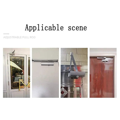 Hydraulic Door Closer With Soft Close And Adjustable Arm For Home And Commercial Doors displayed on various door types