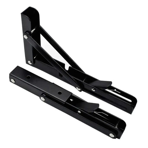 Black Powder Coated Folding Shelf Brackets 10 Inch Heavy Duty Metal Collapsible Shelf Brackets For Bench Table And Wall Mount Space Saving DIY Hinge Max Load 260 Lb 2 Pack closed view