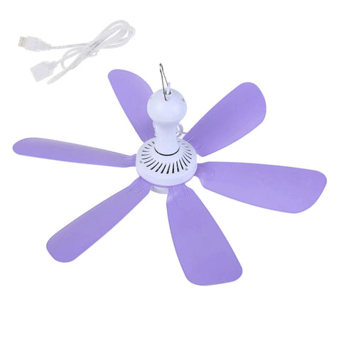6 Leaves Ceiling Fan with Remote Control for Outdoor USB, lightweight design with purple blades, includes USB power cable.
