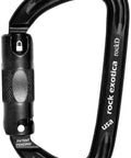 RockD Auto-Lock Black Carabiner for Rock Climbing and Industrial Use with I-Beam Profile and 3-Stage Auto Lock in close-up view