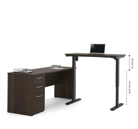 Kick Up Your Office Setup With This Hella Sturdy L Shaped Standing Desk Bundle In Dark Chocolate showcasing adjustable height and three drawers.