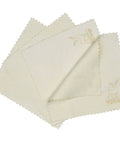 Front view of four 6x6 inch natural chamois cleaning cloths, cream color with gold VIPbuy deer logo