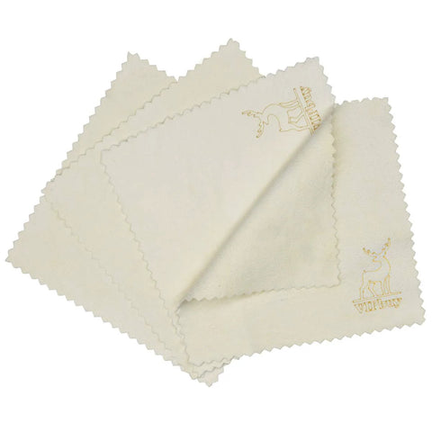 Front view of four 6x6 inch natural chamois cleaning cloths, cream color with gold VIPbuy deer logo