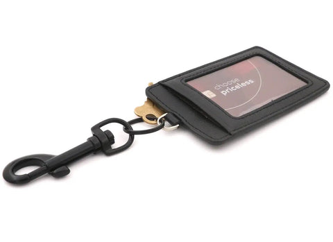 Built Tough Swivel Bolt Snap Hooks With D Ring Ends Rock Solid Lobster Claw Trigger Clips For Handbags Purses Knitting And Leatherwork Matte Black Pack Of 10 attached to a black leather ID holder.