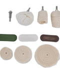 Hardcore 10 Piece Cotton Flannel Buffing Wheel Kit Includes Heavy Duty Wax Rod for polishing wheels and pads layout.
