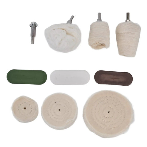 Hardcore 10 Piece Cotton Flannel Buffing Wheel Kit Includes Heavy Duty Wax Rod for polishing wheels and pads layout.