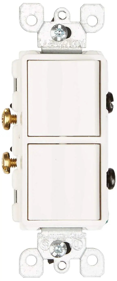 Front view of 20 Amp 120 to 277 Volt Decora Combination Switch With Grounding, Dual Single Pole 20A AC, 2-Circuit Commercial Grade Wall Switch, White Finish