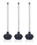 Heavy Duty All Angle Toilet Plungers Three Pack With Sturdy Aluminum Handles and Patented Flex Suction Cups for stubborn clogs.