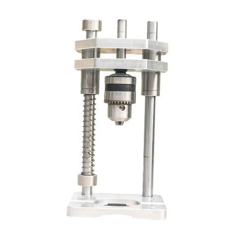 Vertical Drill Guide And Drill Press Adapter For Woodworking, showing heavy duty steel stand with 12mm columns and chuck