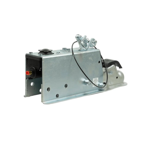 Side view of Demco DA70 surge brake actuator for hydraulic drum brakes, 7K EZ-Latch, 2-in ball, silver