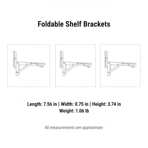 Diagram of Foldable Stainless Steel Shelf Brackets For Wall Mounts showing dimensions, heavy-duty supports, and space saver feature.