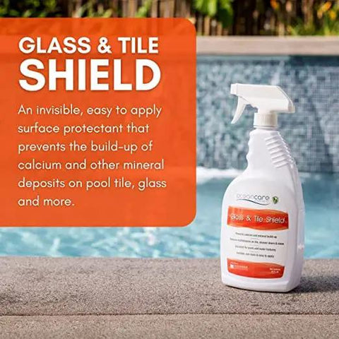 Glass And Tile Shield Sealant For Pool Tile Care, Quart Trigger Spray bottle near pool, visible label, safe on glass, locks shine.