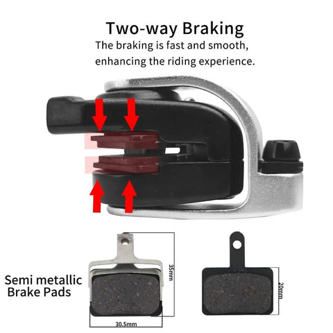 Rock Solid Mechanical Disc Brakes For Road And Cyclocross Bikes Flat Mount Caliper with semi metallic brake pads close-up view.