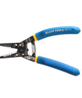 Side view of Klein Tools 11055EP wire cutter and stripper with blue handles; spring-loaded for copper wire.