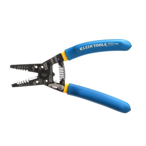 Side view of Klein Tools 11055EP wire cutter and stripper with blue handles; spring-loaded for copper wire.
