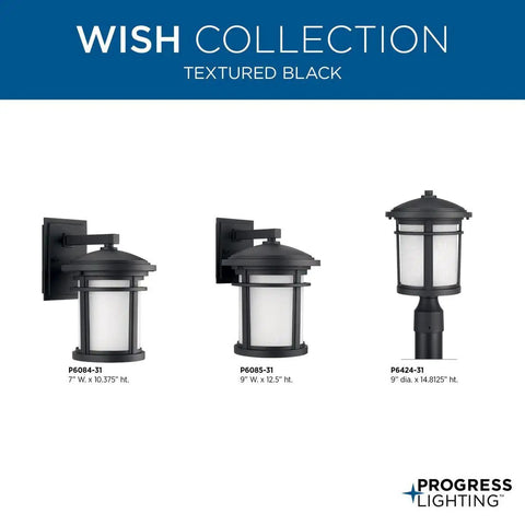 Wish Collection 1 Light Etched White Linen Glass Craftsman Outdoor Medium Wall Lantern With Dope Textured Black Finish