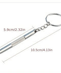 Compact 3-In-1 Glasses Repair Kit With Flat Head Phillips And Hex Bits On A Keyring for Sunglasses, shown with measurements.