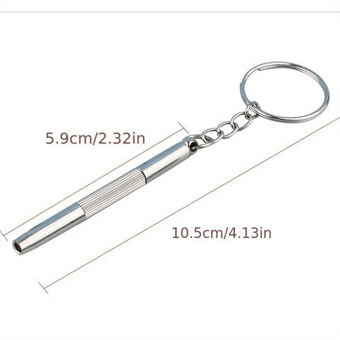 Compact 3-In-1 Glasses Repair Kit With Flat Head Phillips And Hex Bits On A Keyring for Sunglasses, shown with measurements.