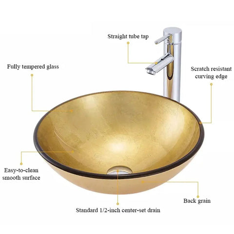 Bathroom Vessel Sink,Tempered Glass Sink Yellow Round Wash Basin Bowl showing smooth surface and chrome faucet details.