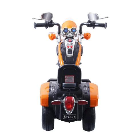 6V Battery Powered Electric Chopper Style Motorcycle Ride On Trike Toy For Kids Ages 3 To 6 Orange With Realistic Design Easy Pedal Drive Safe Beginner Friendly Features, front view