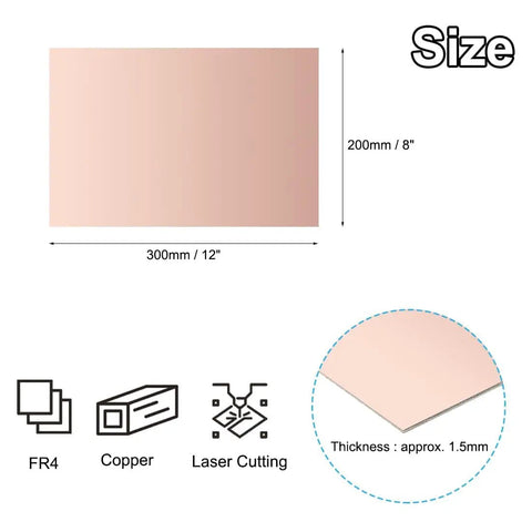 Diagram of 8x12 Inch Double Sided Copper Clad Laminate PCB Board Pack, 2 Pieces, 1.5mm FR4 Copper Plated Prototyping Boards
