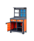 Heavy Duty Steel Workbench With Two Lockable Drawers And Pegboard Organizer For Garages Workshops And Machine Shops, side view with open doors.