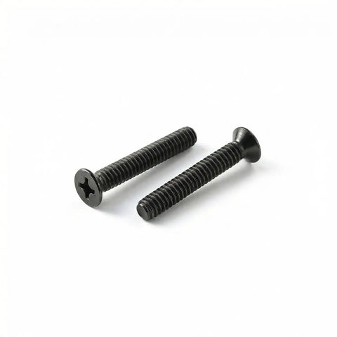 Rock Solid Flat Head Machine Screws M2.5 X 6Mm 50 Pack Black Oxide 304 Stainless Steel Fully Threaded Phillips Drive close up view.