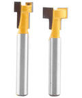 Premium Yellow T Slot Router Bit Set perfect for woodworking pros, includes 3/8 and 1/2 inch carbide edge cutters.