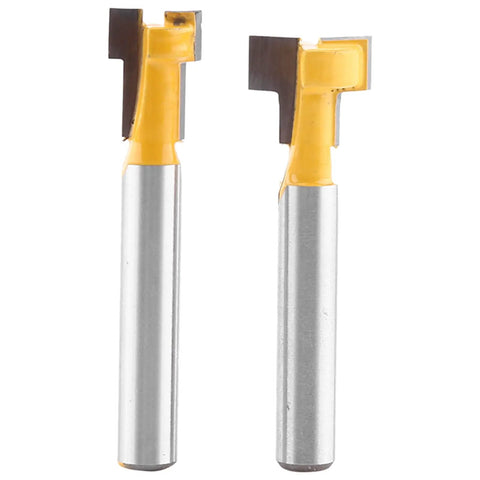 Premium Yellow T Slot Router Bit Set perfect for woodworking pros, includes 3/8 and 1/2 inch carbide edge cutters.