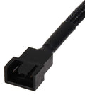 SATA To 3 Pin Or 4 Pin PWM PC Case Fan Power Adapter Cable With 15 Pin SATA Connector Converts 12V Fans To 3 Pin And 4 Pin PWM Ten Point Six Inch Black Sleeved Backwards Compatible close-up view