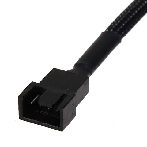 SATA To 3 Pin Or 4 Pin PWM PC Case Fan Power Adapter Cable With 15 Pin SATA Connector Converts 12V Fans To 3 Pin And 4 Pin PWM Ten Point Six Inch Black Sleeved Backwards Compatible close-up view