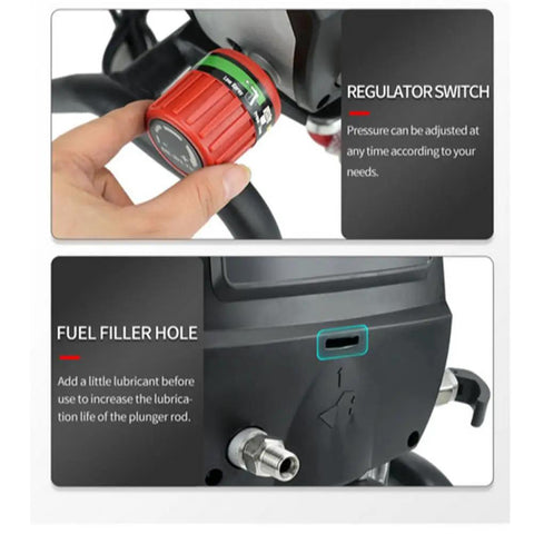 Close-up of Heavy Duty 950W Airless Electric Paint Sprayer with adjustable regulator switch and fuel filler hole for DIY projects.