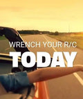 Person in a convertible car reaching out, text overlay reads 'Wrench Your R/C Today' with a sunset road view.