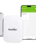 Long Range WiFi Antenna Gateway For Water Timers And Sprinkler Controllers With 250 Meter Reach shown with smartphone app.