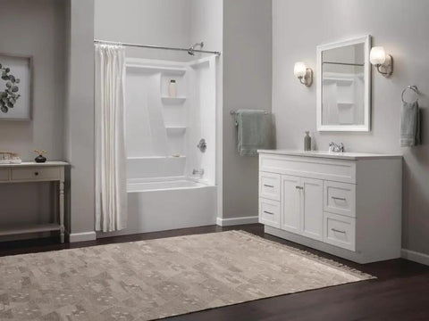 Modern bathroom with white vanity and Foundations Centerset Chrome Bathroom Faucet For 4 Inch 3 Hole Vanity ADA Compliant Water Sense Brass Construction.