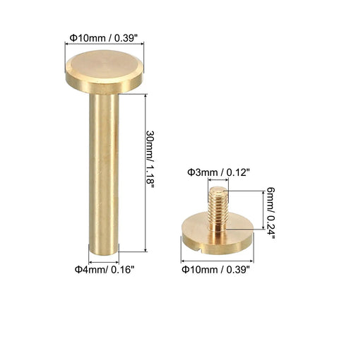 25 Set Solid Brass Chicago Screws M4X30mm Slotted Binding Post Bolts Tough As Nails Leather Craft Rivets, 10mm and 4mm sizes