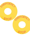 Emergency Stop Sign Decal Set For Machinery Safety Labels with red text on yellow background, heavy duty PVC adhesive.