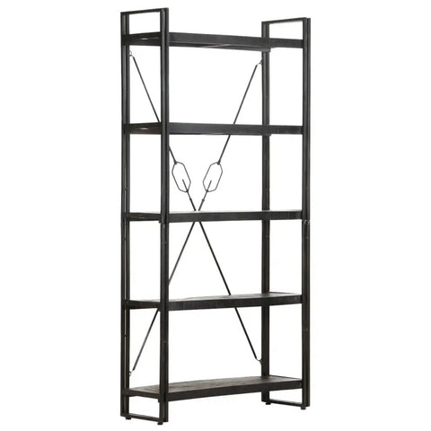 Industrial Five Tier Bookcase With Solid Mango Wood Shelves And Black Powder Coated Steel Frame Seventy Point Nine Inches Tall